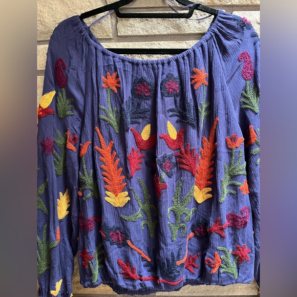 Laurie Felt Embroidered Peasant Blouse Top Blue Multi Floral Large - Picture 9 of 10